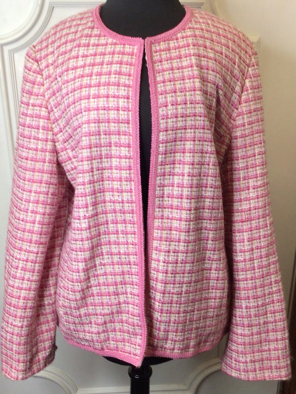 Pink Plaid Tweed Open Front Jacket Size 14